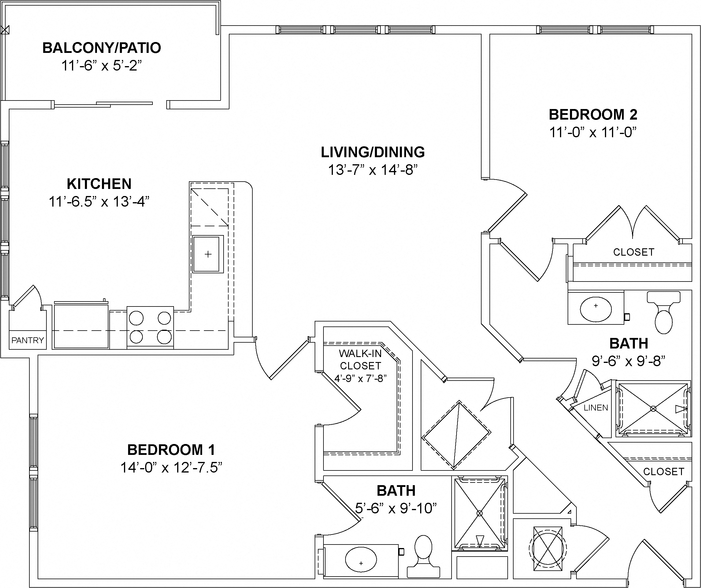 Floor plan for 2 beds, 2 baths, 1124 sqft